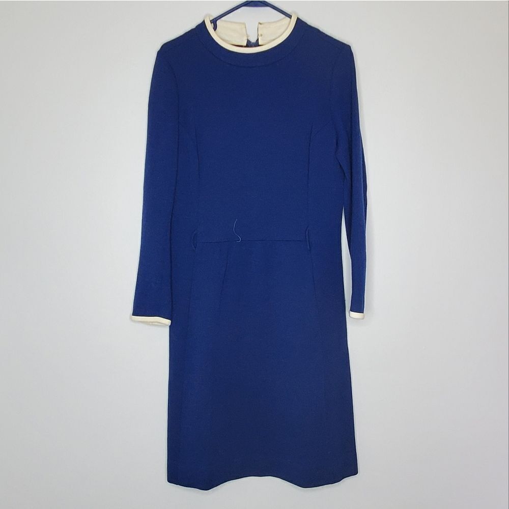 Domani Knits 14 Wool Dress Vintage Blue White Long Sleeve Zip Up